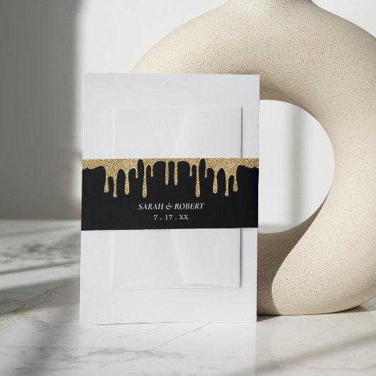 Zwart & Goud Glitter Drip Bruiloft Uitnodigingen Wikkel