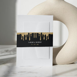 Zwart & Goud Glitter Drip Bruiloft Uitnodigingen Wikkel