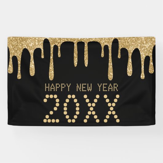Zwart & Goud Glitter Drip Gelukkig Nieuwjaar 2024 Spandoek (Horizontaal)