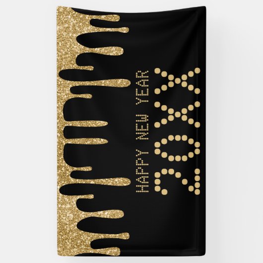 Zwart & Goud Glitter Drip Gelukkig Nieuwjaar 2024 Spandoek (Verticaal)