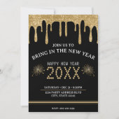 Zwart & Goud Glitter Drip New Years Eve Party 2024 Kaart (Voorkant)