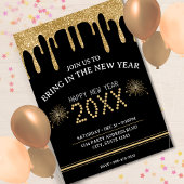 Zwart & Goud Glitter Drip New Years Eve Party 2024 Kaart