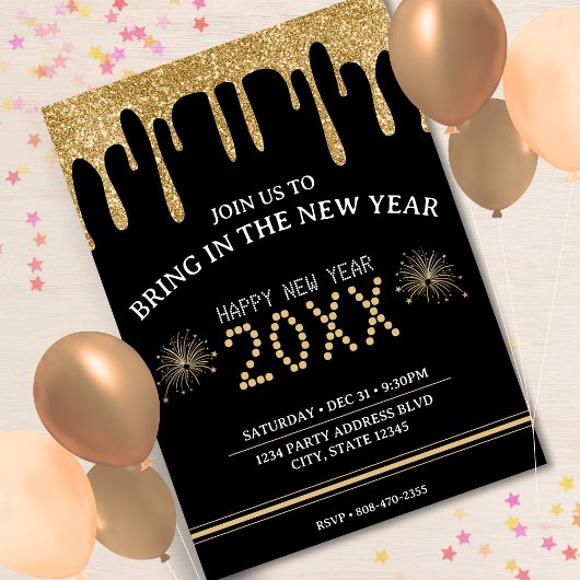 Zwart & Goud Glitter Drip New Years Eve Party 2024 Kaart