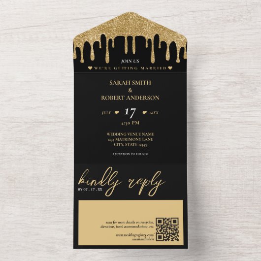 Zwart & Goud Glitter Drip QR Code Bruiloft All In One Uitnodiging (Binnen)