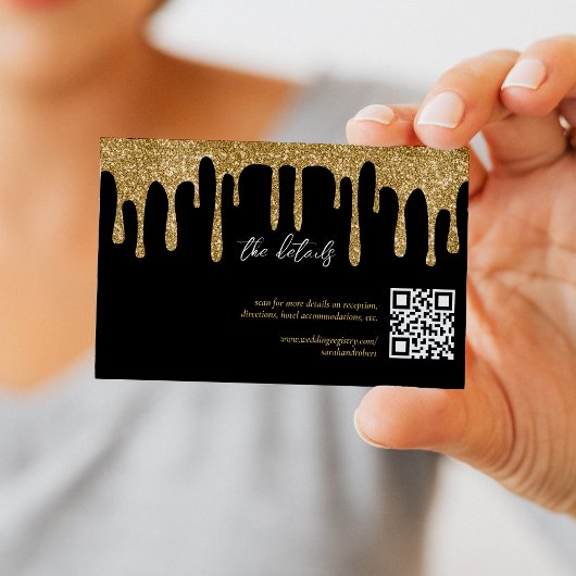 Zwart & Goud Glitter Drip QR Code Bruiloft Details Informatiekaartje