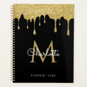 Zwart Goud Glitter Drips Monogram Script Jaar Planner (Voorkant)