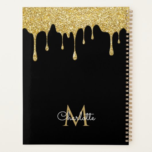 Zwart Goud Glitter Drips Monogram Script Jaar Planner (Achterkant)