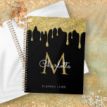 Zwart Goud Glitter Drips Monogram Script Jaar Planner<br><div class="desc">Chique glam girly gouden glitter druppelt jaarplanner. Ontworpen door Thisnotme©</div>