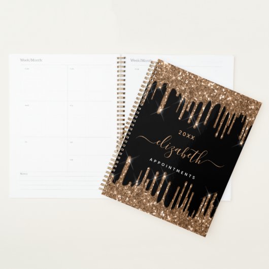 Zwart goud glitter druppels monogram naam 2026 planner (Display)