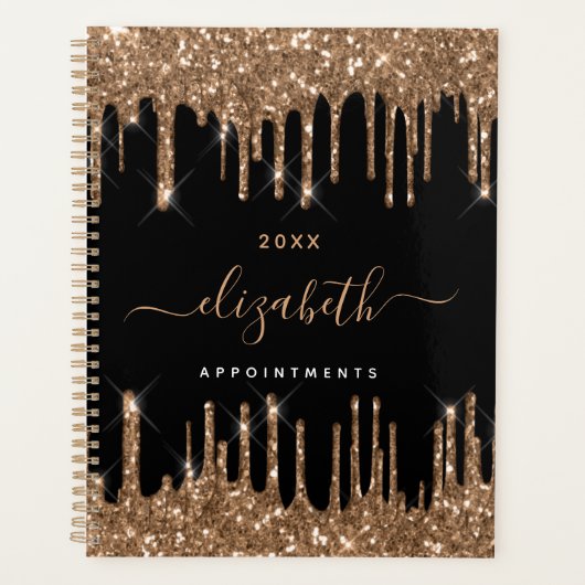 Zwart goud glitter druppels monogram naam 2026 planner (Voorkant)
