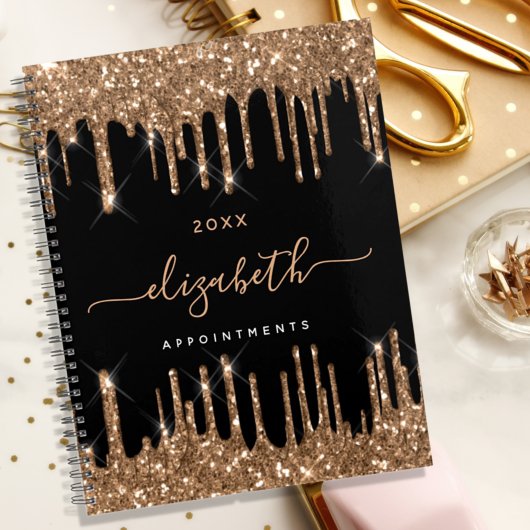 Zwart goud glitter druppels monogram naam 2026 planner