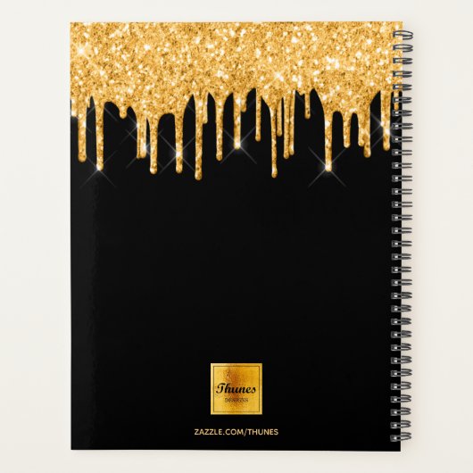 Zwart goud glitter druppels monogram planner (Achterkant)