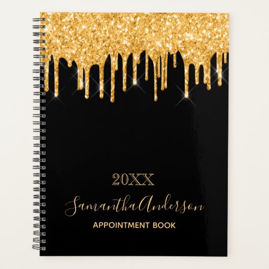 Zwart goud glitter druppels monogram planner (Voorkant)