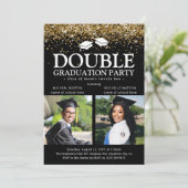 Zwart & Goud Glitter Dubbele Afstudeerfoto Geslaag Kaart (Staand voorkant)