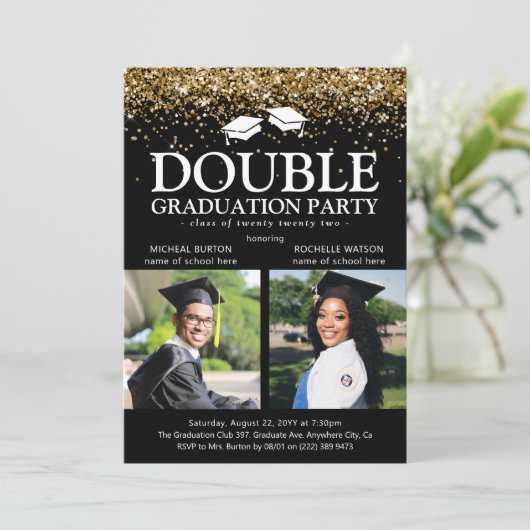 Zwart & Goud Glitter Dubbele Afstudeerfoto Geslaag Kaart (Staand voorkant)