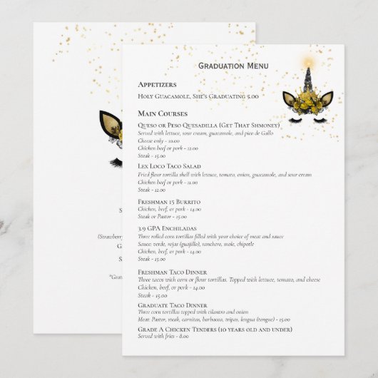 Zwart Goud Glitter Eenhoorn AFSTUDEER MENU Kaart (Voorkant / Achterkant)