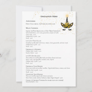 Zwart Goud Glitter Eenhoorn AFSTUDEER MENU Kaart