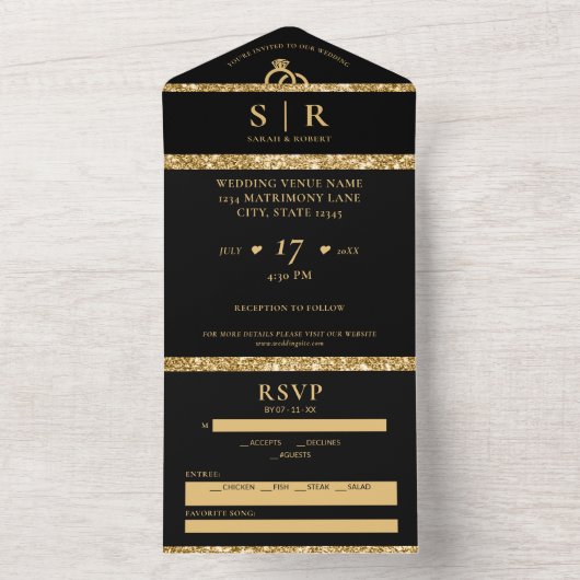 Zwart & Goud Glitter Elegant Bruiloft All In One Uitnodiging (Binnen)