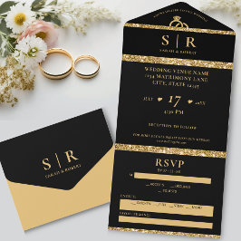 Zwart & Goud Glitter Elegant Bruiloft All In One Uitnodiging