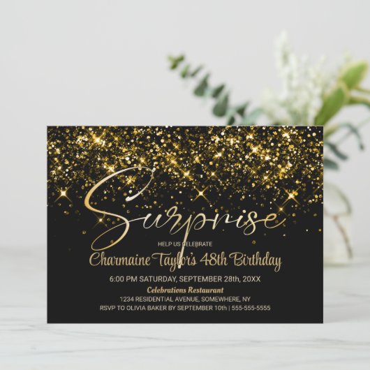Zwart Goud Glitter Elke Leeftijd Verrassing Verjaa Kaart (Staand voorkant)