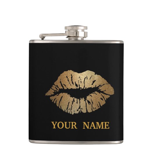 Zwart Goud Glitter Faux Folie Confetti Lippen Heupfles (Voorkant)