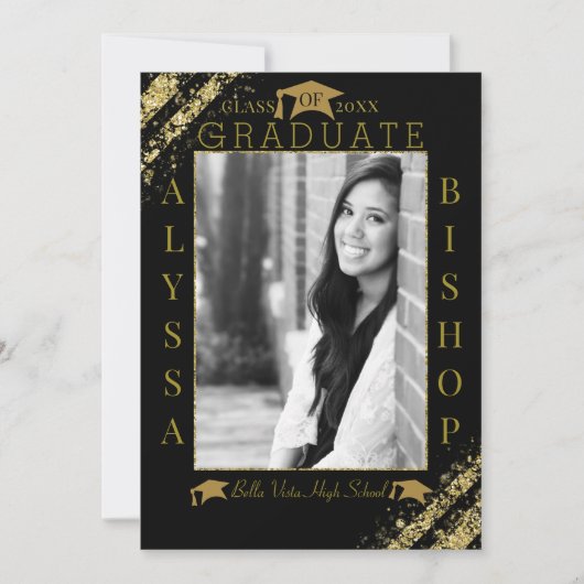Zwart & Goud Glitter Foto Afstuderen Afstuderen Kaart (Voorkant)