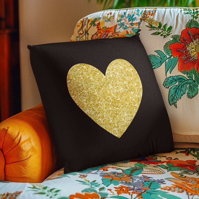 Zwart goud glitter foto hart kussen (Black and Gold Glitter Photo Heart Throw Pillow)