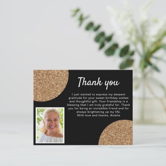 Zwart Goud Glitter Foto Verjaardag Bedankt Briefkaart (Staand voorkant)