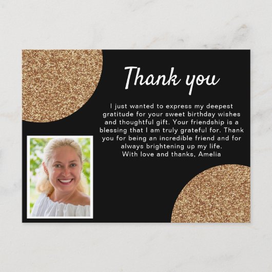 Zwart Goud Glitter Foto Verjaardag Bedankt Briefkaart (Voorkant)