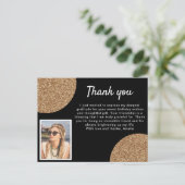 Zwart Goud Glitter Foto Verjaardag Dank u Briefkaart (Staand voorkant)
