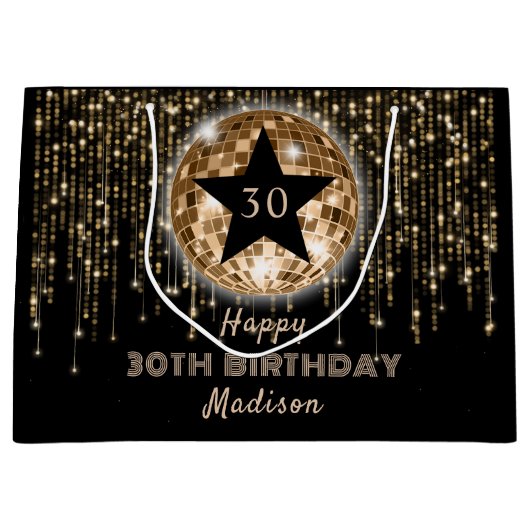Zwart Goud Glitter Gelukkige 30e Verjaardag Groot Cadeauzakje (Voorkant)