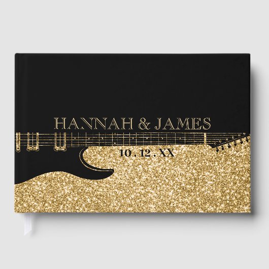 Zwart & Goud Glitter Gitaar Bruiloft Gastenboek (Voorkant)