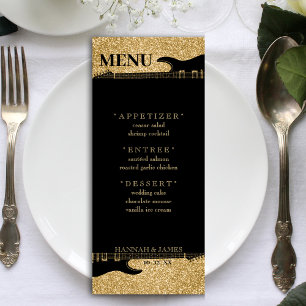 Zwart & Goud Glitter Gitaar Bruiloft Receptie Menu