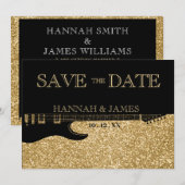 Zwart & Goud Glitter Gitaar Bruiloft Save The Date (Voorkant / Achterkant)
