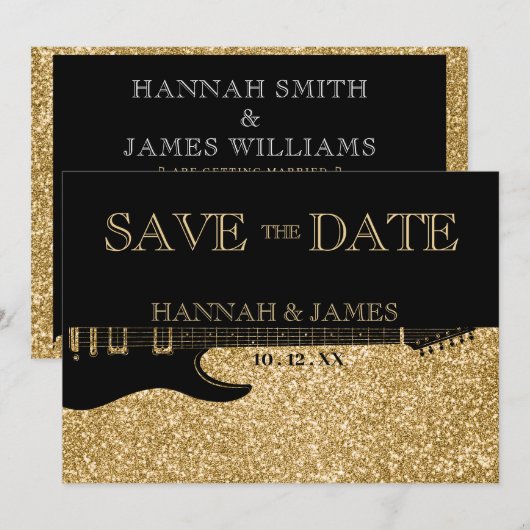 Zwart & Goud Glitter Gitaar Bruiloft Save The Date (Voorkant / Achterkant)