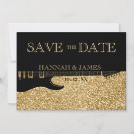 Zwart & Goud Glitter Gitaar Bruiloft Save The Date