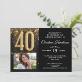 Zwart Goud Glitter Glam Foto 40e Verjaardagsfeest Kaart (Staand voorkant)