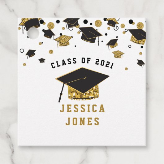 Zwart & Goud Glitter Graduation Cap Klasse van 202 Bedankjes Labels (Voorkant)