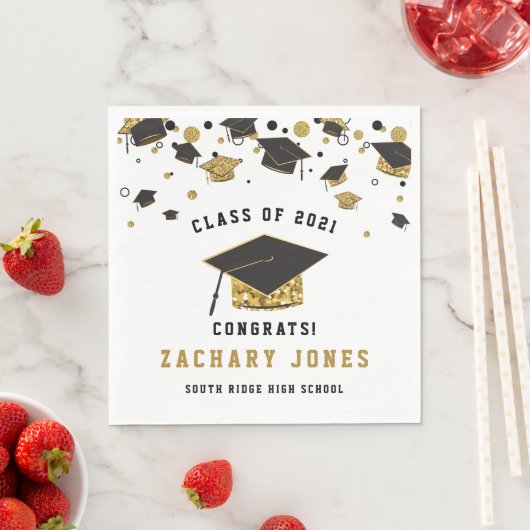 Zwart & Goud Glitter Graduation Cap Klasse van 202 Servet (Insitu)