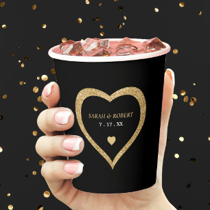 Zwart & Goud Glitter Hart Bruiloft Papieren Bekers