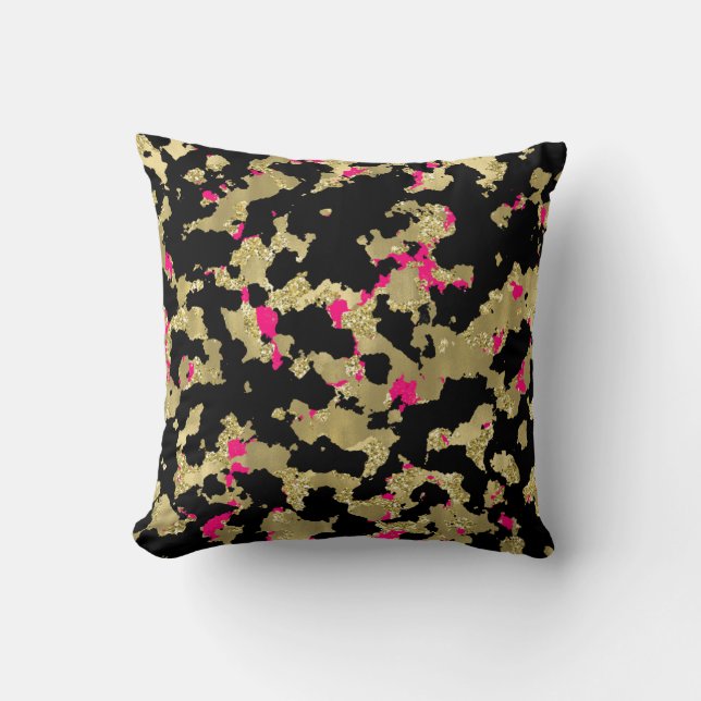 Zwart Goud Glitter Heet Roze Abstract Afbladderend Kussen (Voorkant)