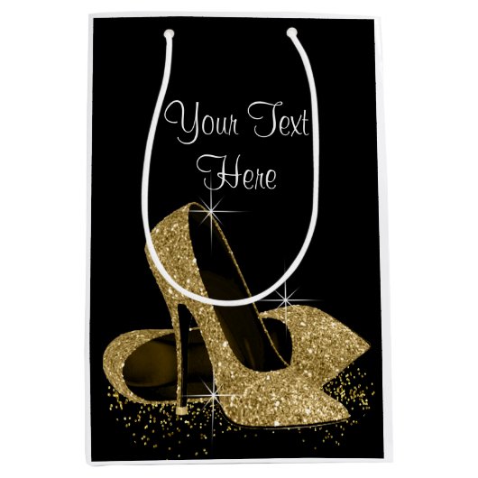 Zwart Goud Glitter Hoge Hak Schoenen Medium Cadeauzakje (Voorkant)