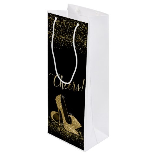 Zwart Goud Glitter Hoge Hak Schoenen Wijn Cadeautas (Achterkant Gekanteld)