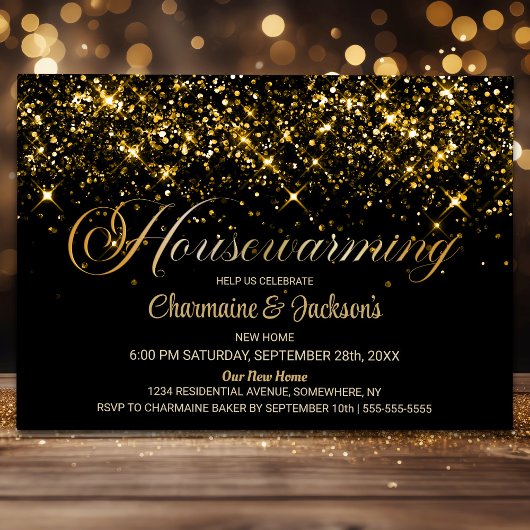Zwart Goud Glitter Housewarming Party Kaart