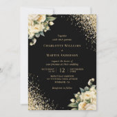 Zwart Goud Glitter Ivoor Rozen Floral Wedding Kaart (Voorkant)