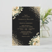 Zwart Goud Glitter Ivoor Rozen Floral Wedding Kaart (Staand voorkant)