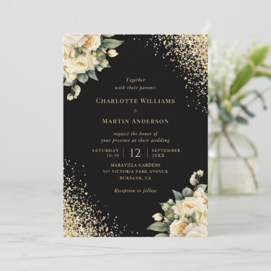 Zwart Goud Glitter Ivoor Rozen Floral Wedding Kaart (Staand voorkant)