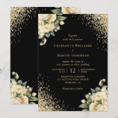 Zwart Goud Glitter Ivoor Rozen Floral Wedding Kaart (Voorkant / Achterkant)