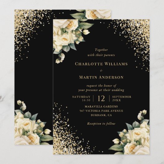 Zwart Goud Glitter Ivoor Rozen Floral Wedding Kaart (Voorkant / Achterkant)