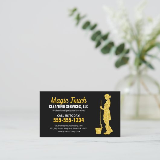 Zwart Goud Glitter Janitorial Maid House Schoonmaa Visitekaartje (Staand voorkant)